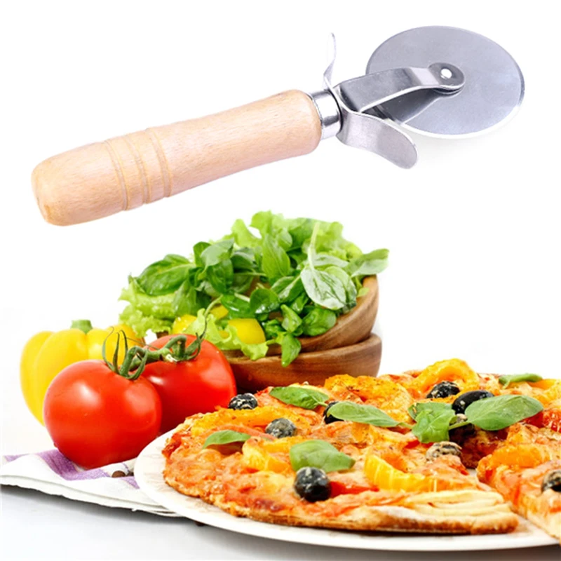 New Hot Pizza Cutter Blade Wood Handle Stainless Pastry Pasta Dough Crimper Round Hob Nonstick