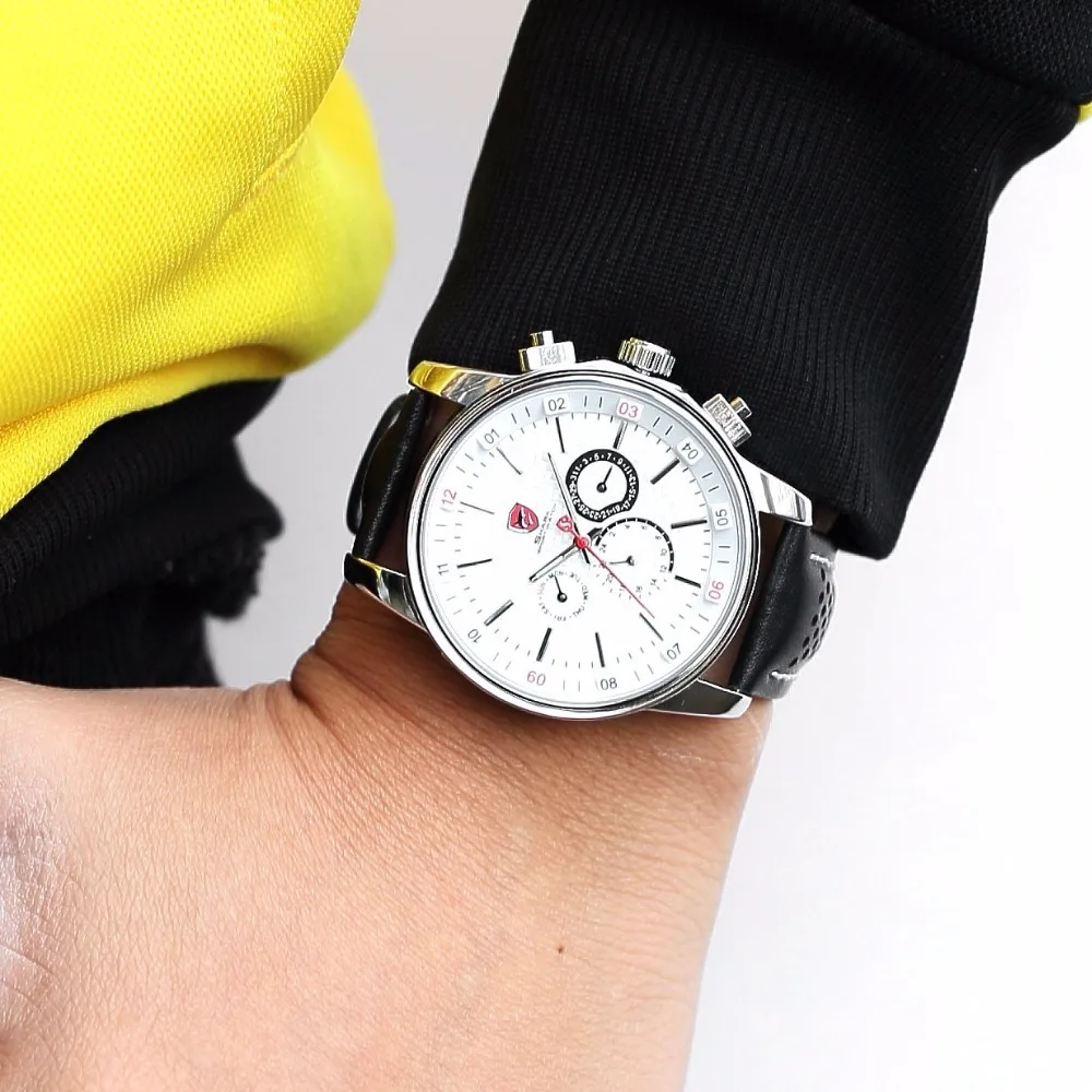 Pacific Angel Shark Sport Watch Men's White Date Day Fashion Casual Men Wristwatch Black Leather Strap Quartz Clock Male / SH093