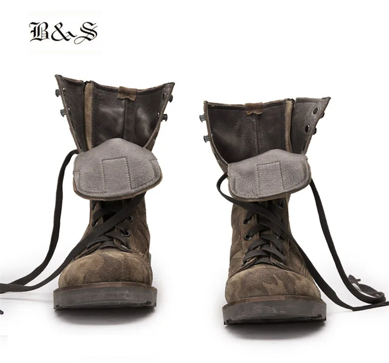 Черные и уличные высокие эксклюзивные ручной работы в стиле ретро из натуральной кожи камуфляжные военные панковские ботинки тактика солдат мотоциклы B