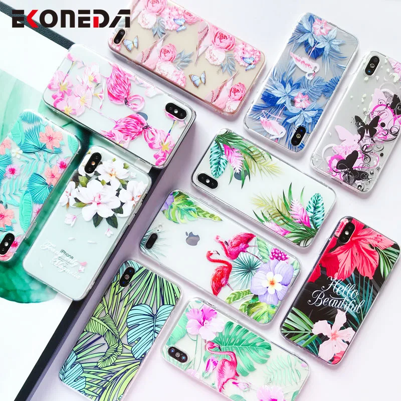 

EKONEDA Patterned Flamingo Leaves Floral Case For iPhone 7 Case Silicone For iPhone 8 7 Plus 6 6S X XS Max XR Case Soft Cover