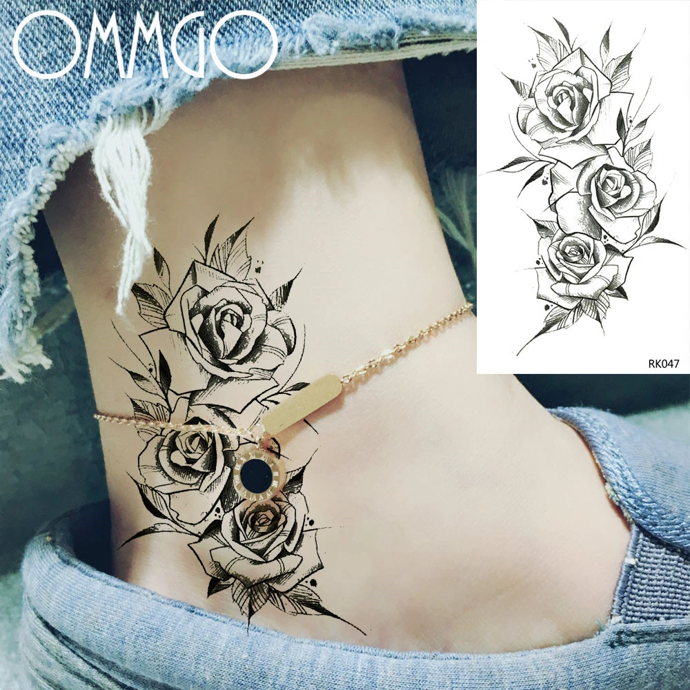 Ommgo スケッチローズ葉一時的な花入れ墨ステッカー偽の花描画入れ墨防水椿ボディタトゥー論文 消えるタトゥー Aliexpress
