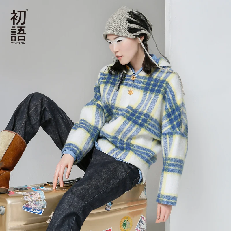 Toyouth Autumn New Wool Pullover Coats font b Tartan b font Batwing Sleeve Fashion Tops