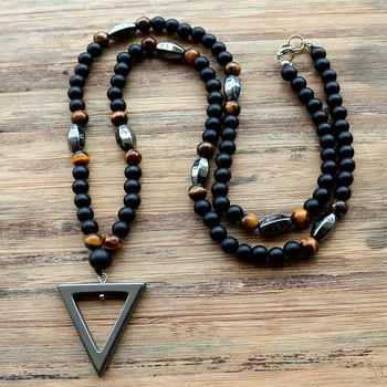 New Design 6MM Tiger stone bead Black Men’s Hematite triangle pendants Necklace Fashion Jewelry