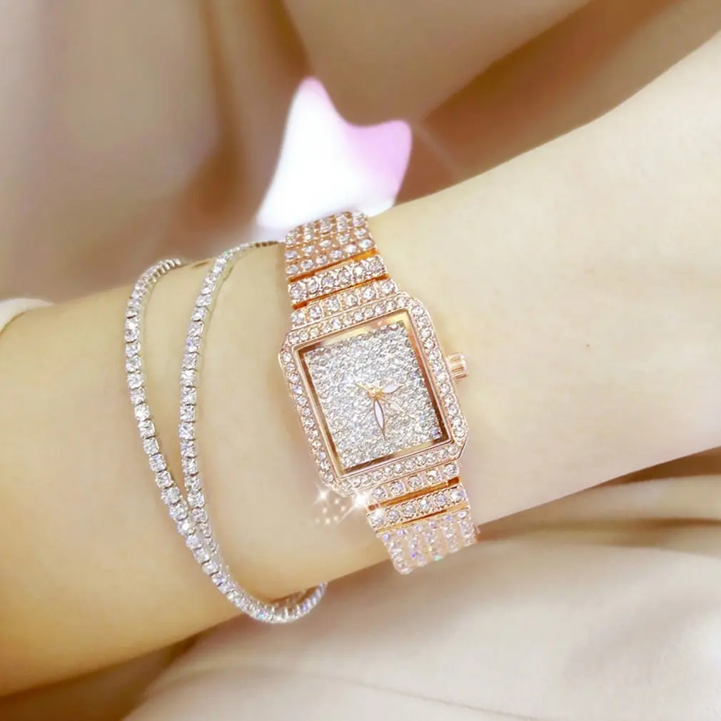 

Waterproof Steel Watchband Fashion Casual Women Wristwatch Square Dial Quartz Watch Luxury Rhinestone Watch