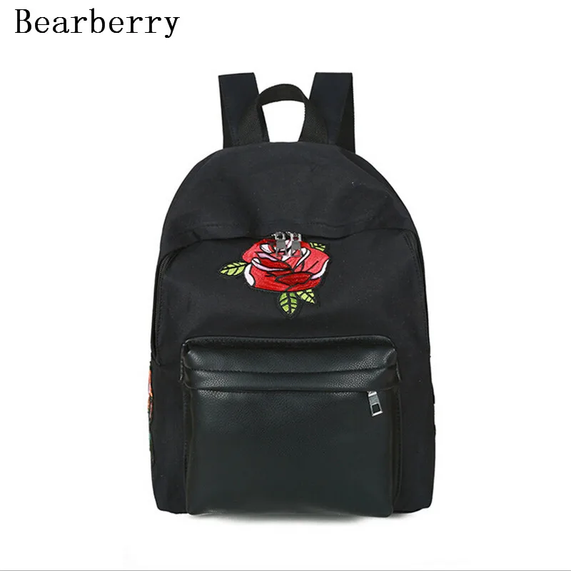BEARBERRY 2017 leather patchwork canvas backpacks embroidery rose flowers school bags for girls large capacity travel