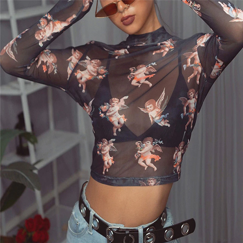 Blusa de manga larga de malla transparente de Ángel de cuello alto para mujer de moda de verano 2019|Blusas y camisas| - AliExpress