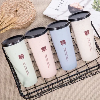 

450ml Water Cup With Straw Cola Coffee Cups Wheat Straw Plastic Healthy Drink Bottle Multi-Functional Bouble Lid