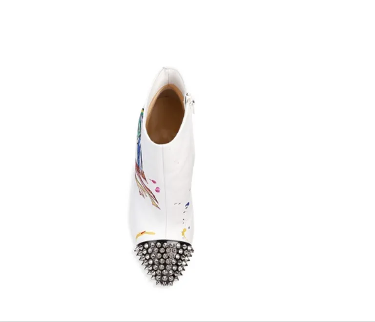 Pompes Amour Haute Femmes Robe Talon Pointu Mode Bout Hiver Imprimé Cheville Noir blanc Bootie Chaussures Revit OiPuTkXZ