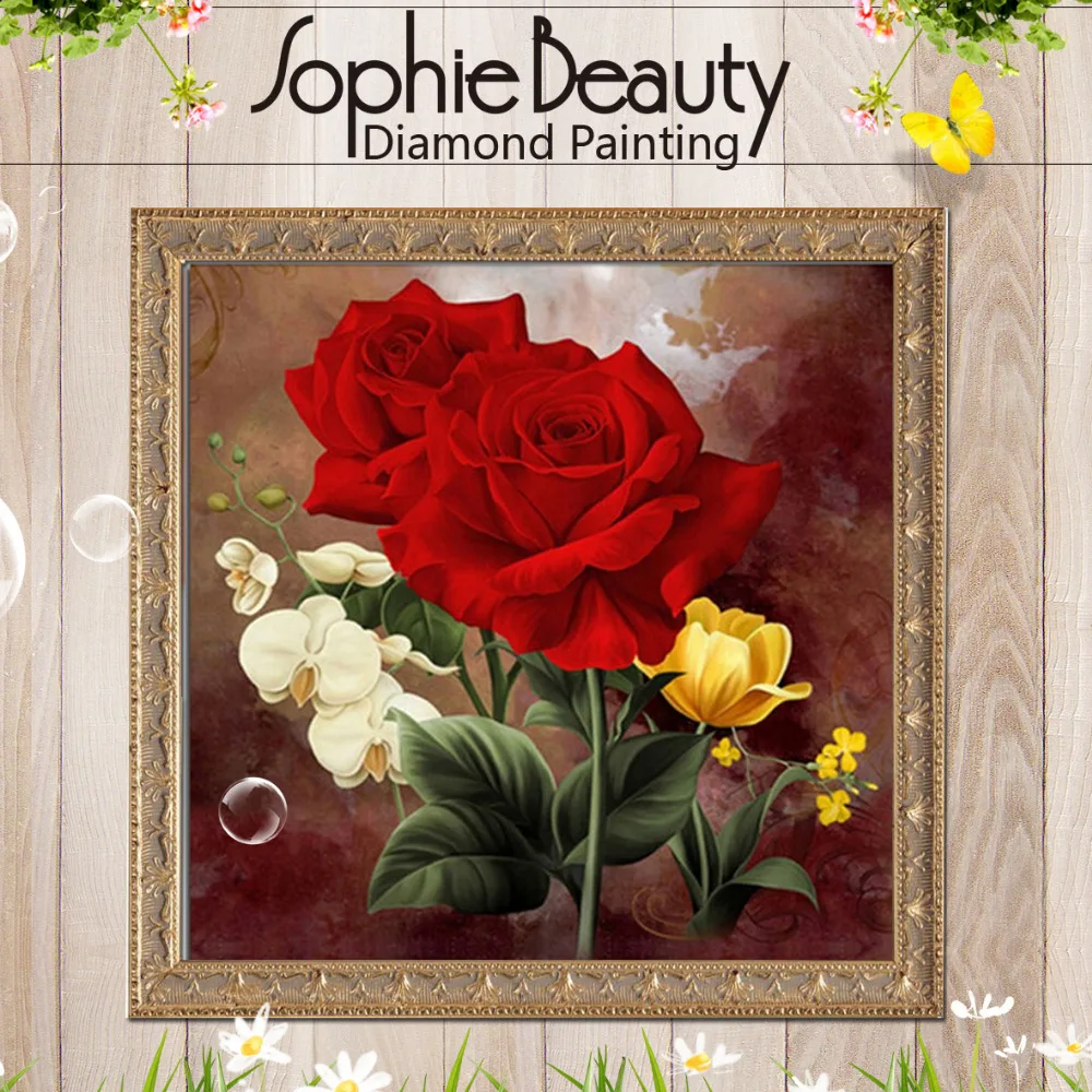 Картина из страз сделай сам Sophie Beauty желтая Цветочная красная роза вышивка
