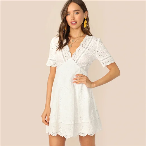 Sheinside белое повседневное выдолбленное платье с фигурной отделкой женское летнее платье трапециевидной формы с высокой талией женское платье с коротким рукавом - Цвет: Белый