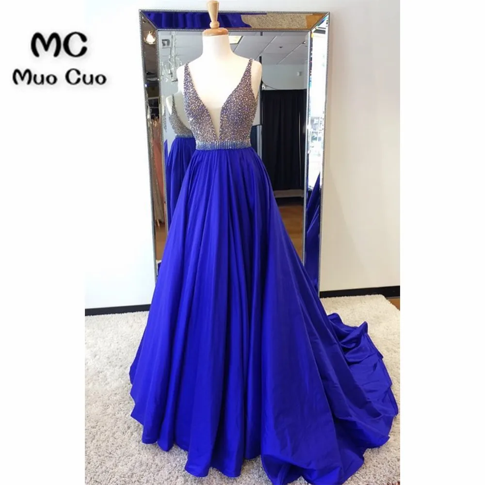 BEADING V NECK BACKLESS SATIN EVENING DRESS PROM GOWNS LONG PROM DRESSES 