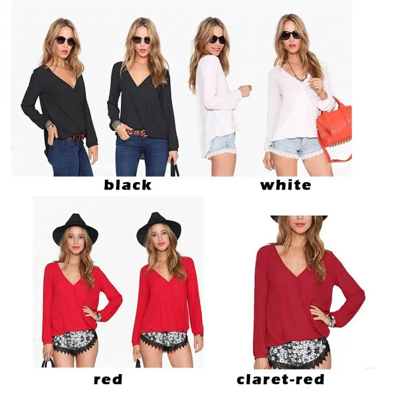 Sexy V Neck Chiffon Blouse Blusas Femininas Women Solid Shirt Autumn Winter ladies Long Sleeve Blous Fashion Top Black/Red/White