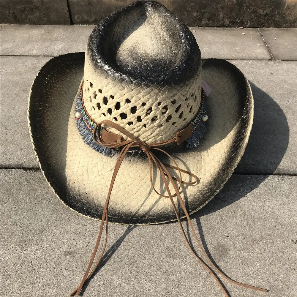 Handmade Weave Straw Women Men Hollow Western Cowboy Hat Lady Dad Sombrero Hombre Cowgirl Jazz Caps Bull Head Band Size 56-58CM