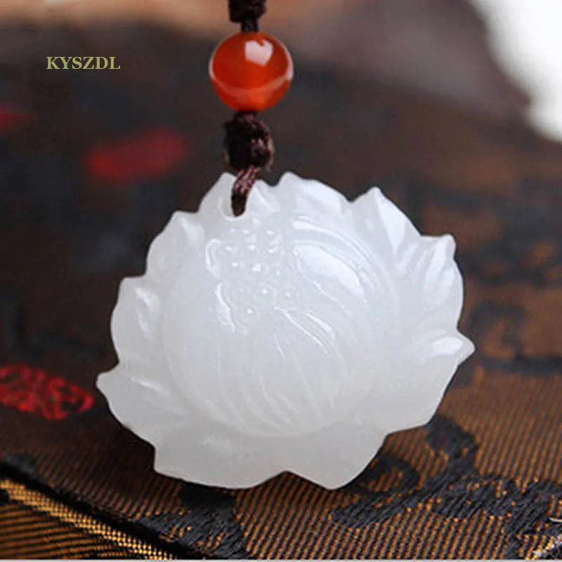 

KYSZDL Natural Afghanistan white stone carved lotus pendant ladies fashion stone jewelry necklace pendants birthday gift