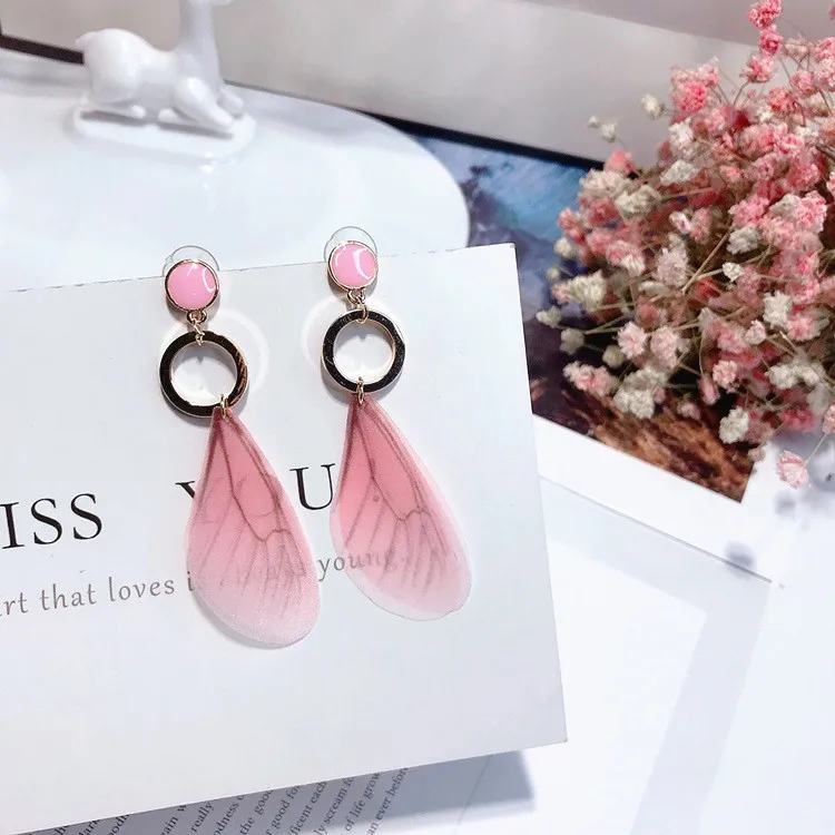 pink wings feather earrings 925 silver post Hypoallergenic fadeless alloy fashion jewelry stud earrings for women girl gift