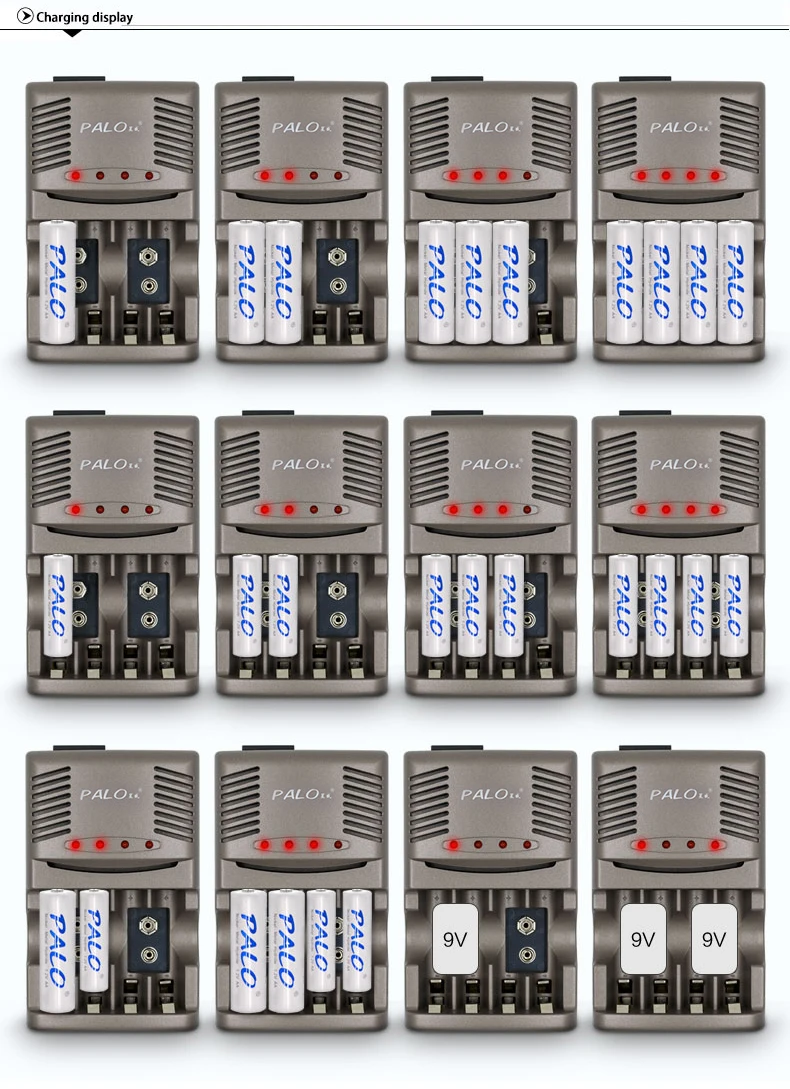 PALO 4 слота умное зарядное устройство 1,2 в AA AAA 9 В батарея с светодиодный светильник+ 2 шт 9 в 300 мАч nimh аккумуляторы