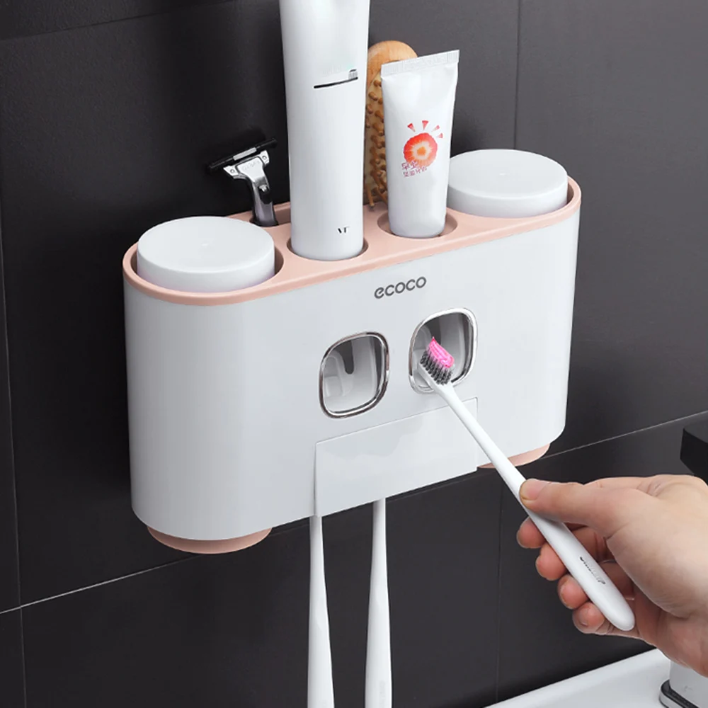 

ecoco Wall-Mounted Toothbrush Holder with 2 Toothpaste Dispensers 4 Cups and 5 Toothbrush Slots Toiletries Storage Rack