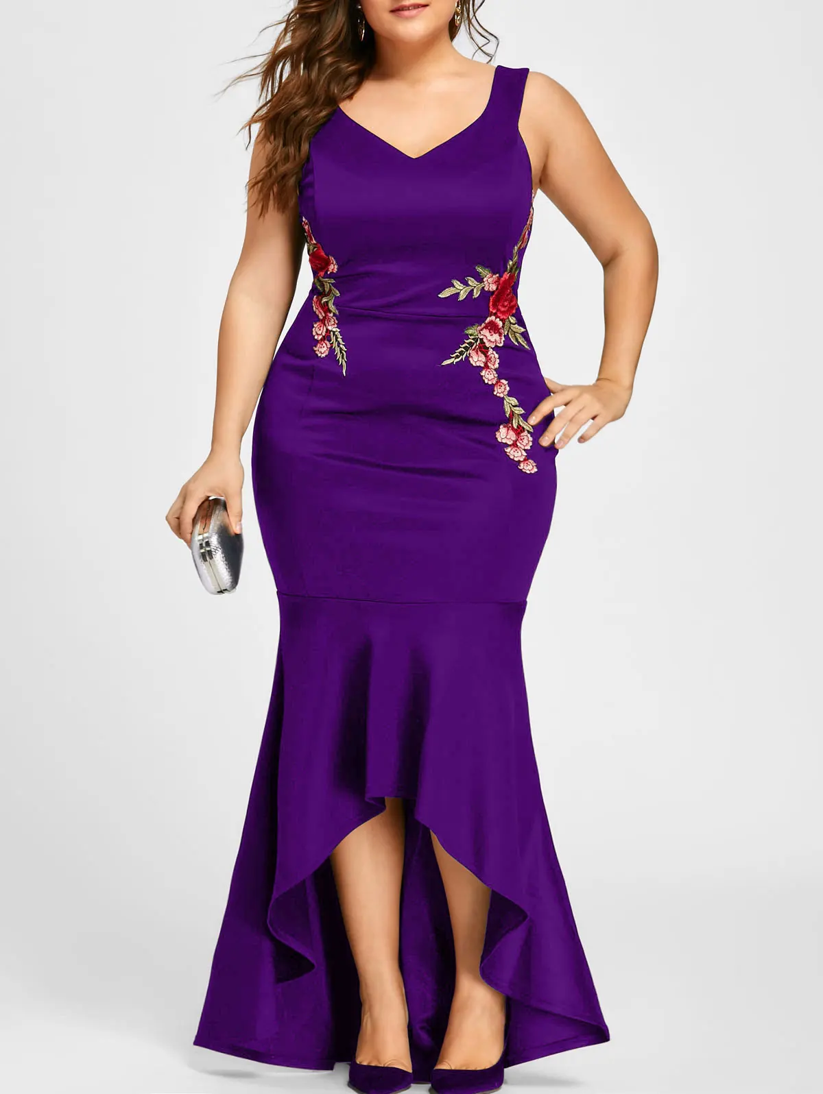 Платье с вышивкой в виде роз, платье русалки размера плюс 5XL, макси, сексуальное, черное, на бретелях, с v-образным вырезом, длинное, элегантное, вечерние, женское платье, вечерняя одежда - Цвет: purple