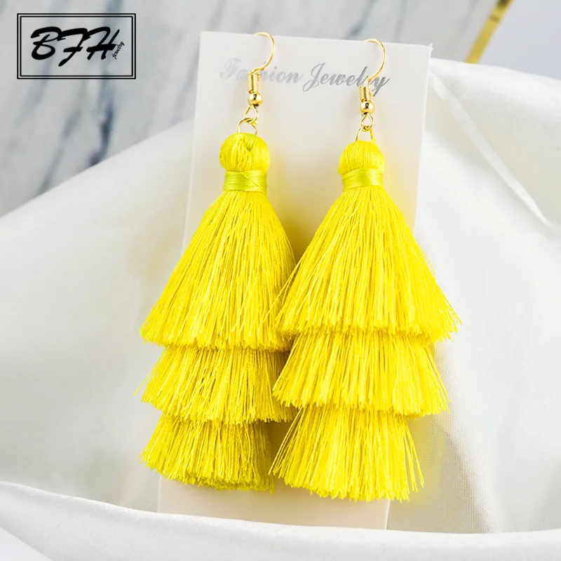 

BFH Fashion 3 Layered Long Tassel Drop Earrings for Women Female Bohemian Pendant Fringe Stratified Woman Earring Gift Jewelry