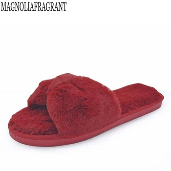 

Fluffy Flock Indoor Flat Flip Flops New Arrival Women's Furry Slippers Faux Fur Slippers Non-slip Plush Fashion Bow Slippers c13