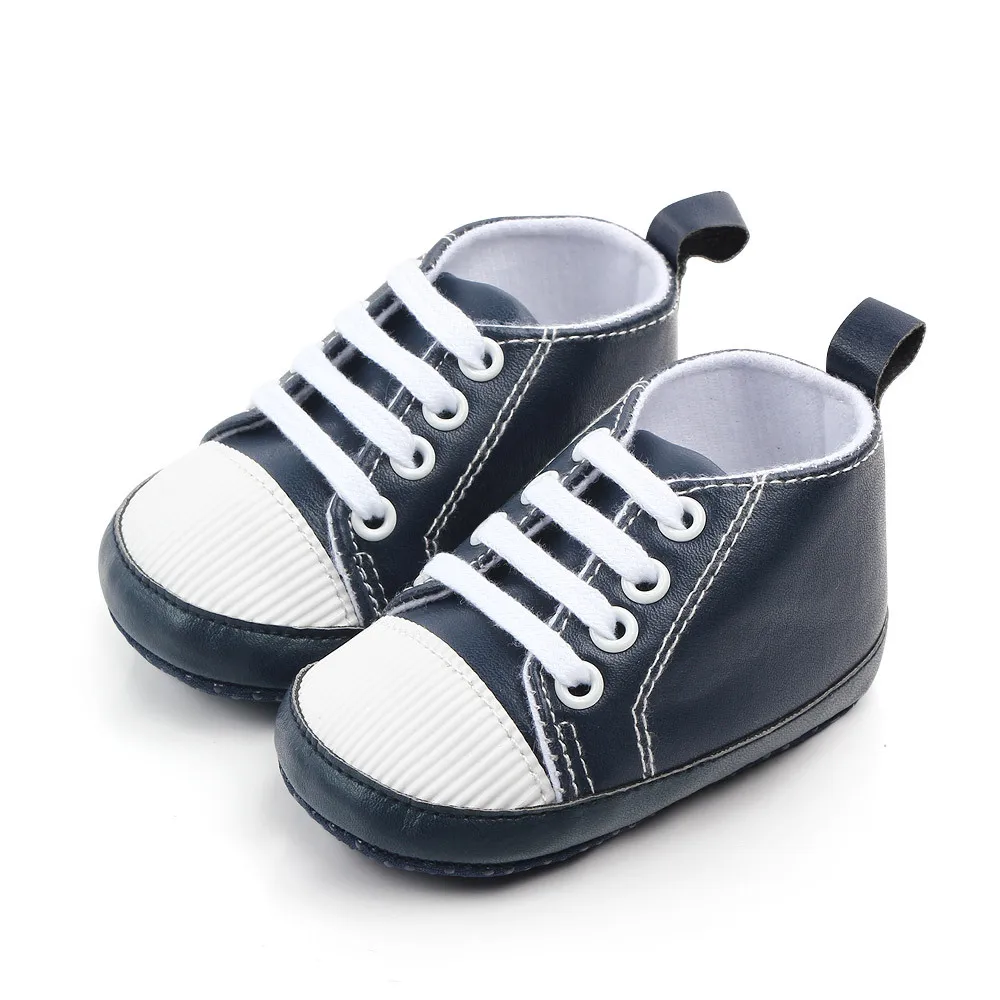 New PU Classic Sports Sneakers Newborn Baby Boys Girls First Walkers Shoes Infant Toddler Soft Sole Anti-slip Baby Shoes - Color: Blue