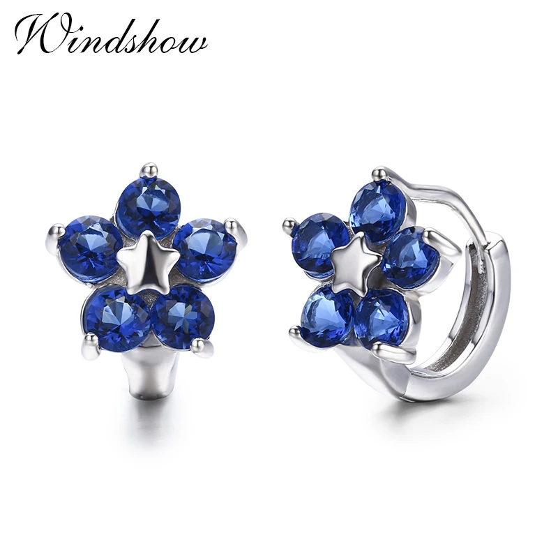 Милые 925 пробы серебряные серьги-кольца с пятью лепестками цветов и фианитами, маленькие круглые серьги Huggie для женщин, ювелирные изделия для девочек Aros Artes - Окраска металла: Blue