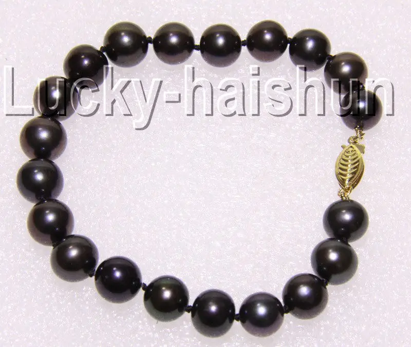 

Free Shipping >> natural 8" 10mm round Tahitian-black pearls bracelet 14K clasp j9210