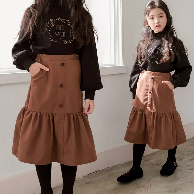 

Harajuku Girl Cotton Loose Waist Pure Color Skirt Teens Girls Ethnic Vintage Long Lantern Skirt 3-15Y Girls Clothing CA5681