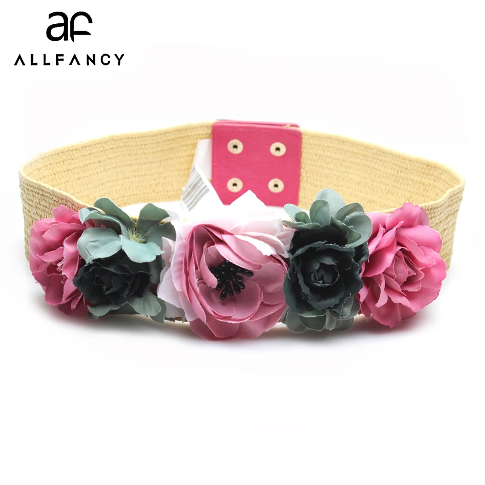 

Flower belt with red roses belt spring and summer pink flower elastic belt will button the girl's dress wide belt