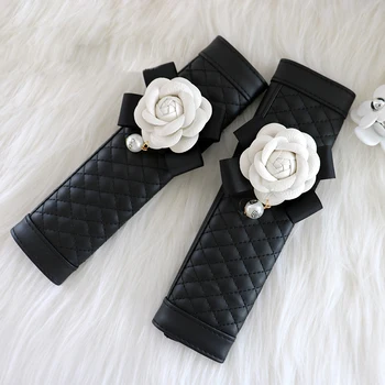 

1 Pair Cute Camellia Flower Car Safety Seat Belt Cover Car Styling Leather Pearl Shoulder Pad Car Interior Accessories