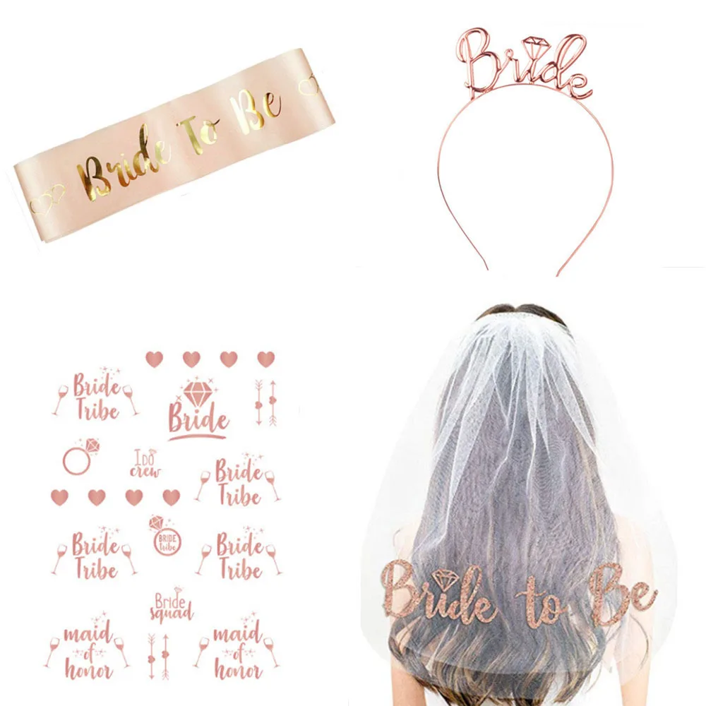 

1set Rose Gold Bachelorette Party Bridal Veil Set Hen Night Party Bride Shower Bridesmaid Tribe Squad Temporary Tattoo Sticker,Q