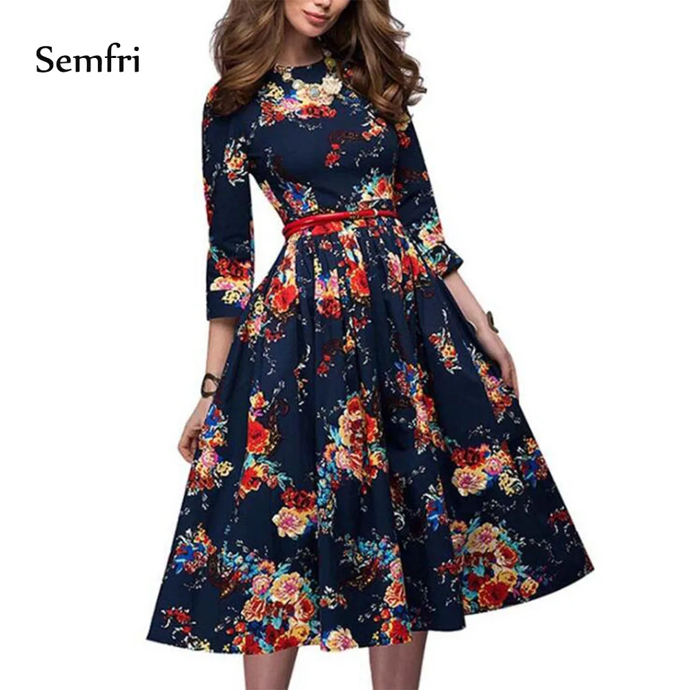 

Semfri Autumn Floral Dress Women Elegant Bohemian Party Dresses Round Neck Long Sleeve A-line Vintage Midi Dress 2019 Streetwear