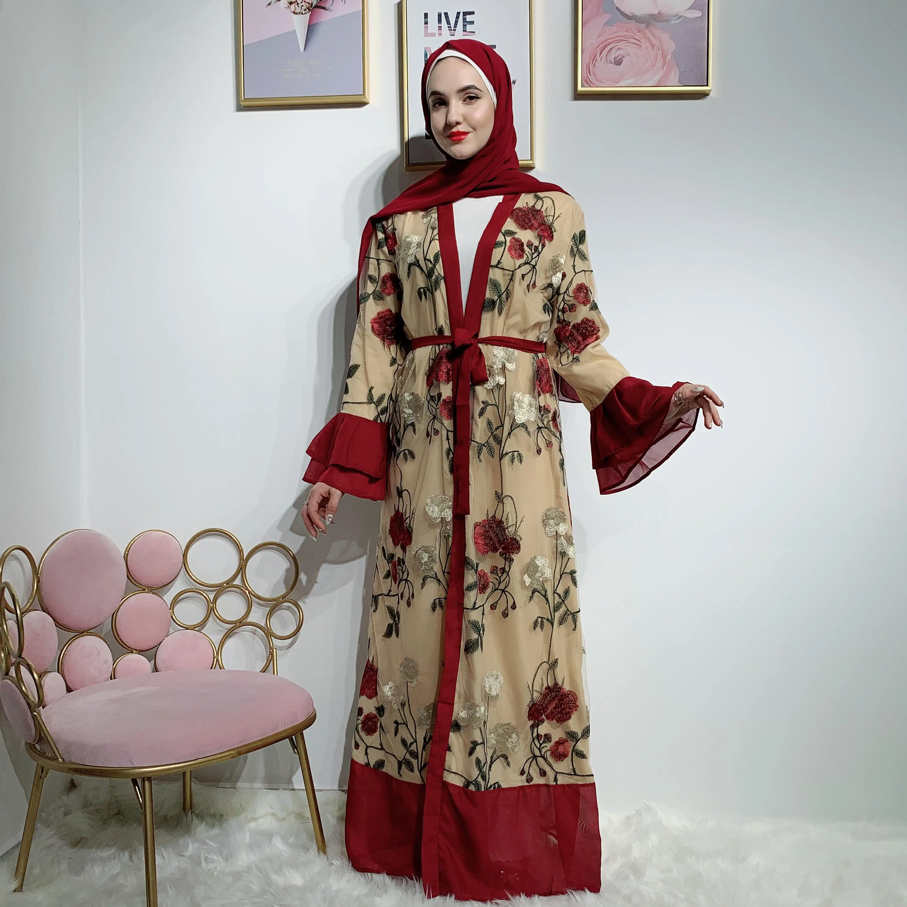 Мусульманское женское Макси-Платье рубашка абайя кимоно с вышивкой открытый кардиган цветок платье-Кафтан jilbaw платье с расклешенными