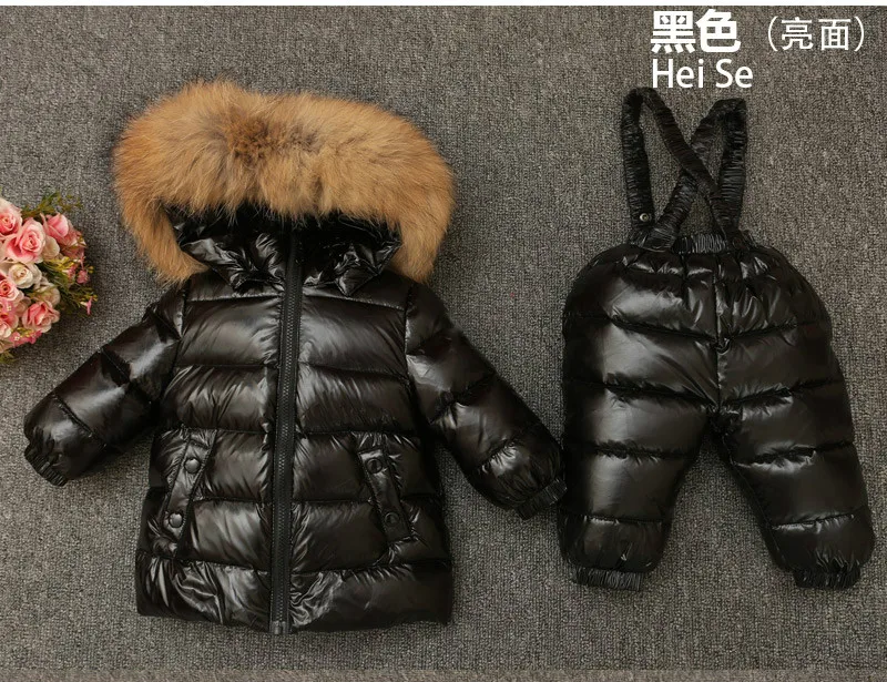 Зимняя одежда для мальчиков и девочек комплект одежды для детей, лыжный костюм детский комбинезон, теплые пальто куртка с капюшоном из натурального меха на утином пуху комбинезон