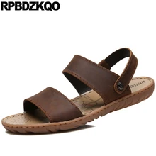 Размер 45 модные водостойкий ремешок большие тапочки без застежки; мужские сандалии; кожаные летние родной 46 коричневый шлепанцы без задника с открытыми пальцами обувь черного цвета воды