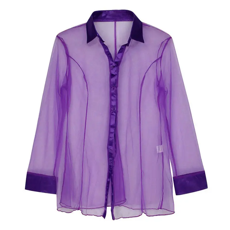 Ladies Blouse Black/Purple Tops See Through Women's Long Sleeve Club Sheer Women's Sheer Shirt Nightwear S-2XL