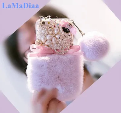 

Luxury Warm Fluffy Rabbit Fur Bling Diamonds Pearl jewelry Soft Case Cover For Samsung S10 S9 S8 Plus S7 S6 edge Note9 8 10 Capa
