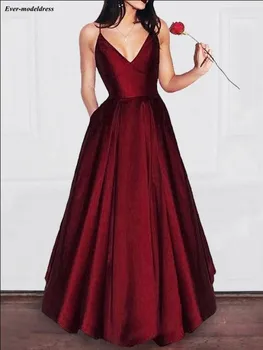 

Simple Burgundy Prom Dresses Long With Pockets V-Neck Open V-Back Floor Length Evening Party Gowns Vestido De Festa 2019