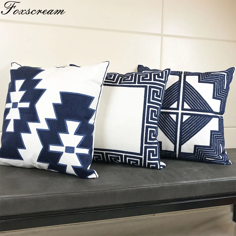 Синяя вышитая наволочка для подушки домашний декор хлопковая наволочка с вышивкой геометрический диван наволочка 45X45 см