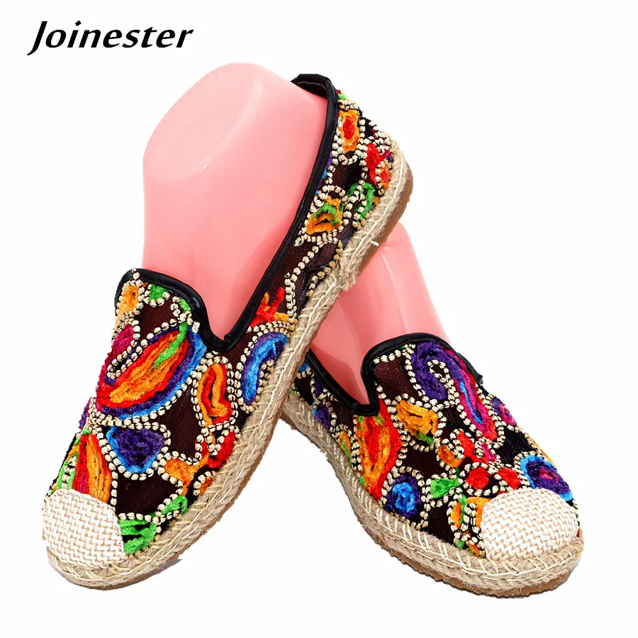 

Air Mesh Color Block Slip-on Women Flat Shoes Round Toe Hemp Sewing Ethnic Trend Embroidery Casual Loafers Ladies Espadrilles