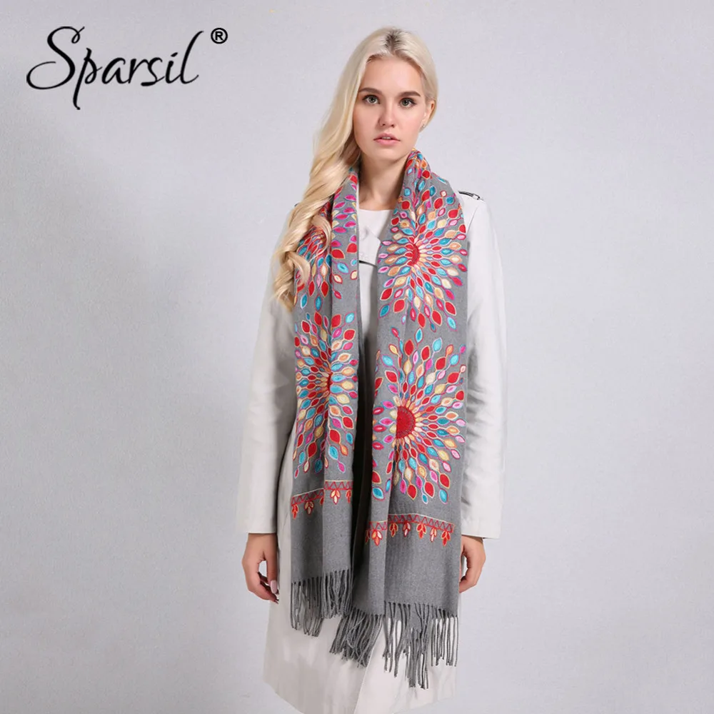 Goedkoop Sparsil Vrouwen Kwaliteit Zachte Kasjmier Sjaals Zon Bloem Borduren Warm Lange Sjaals Winter Gebreide Sjaal Alle Match Pashmina Wrap