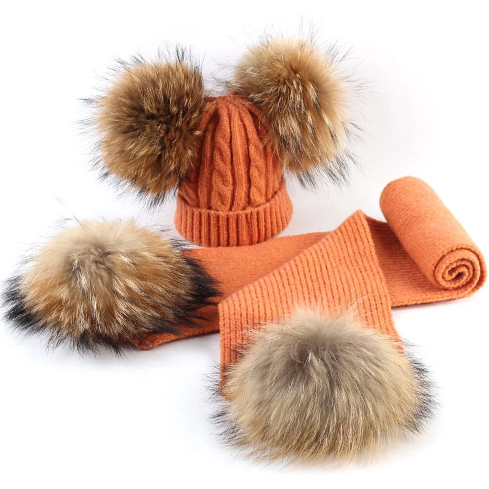Комплект из 2 предметов для детей, зимняя вязаная шапочка и шарф с двойными помпонами для мальчиков и девочек, шапочки-бини с помпонами