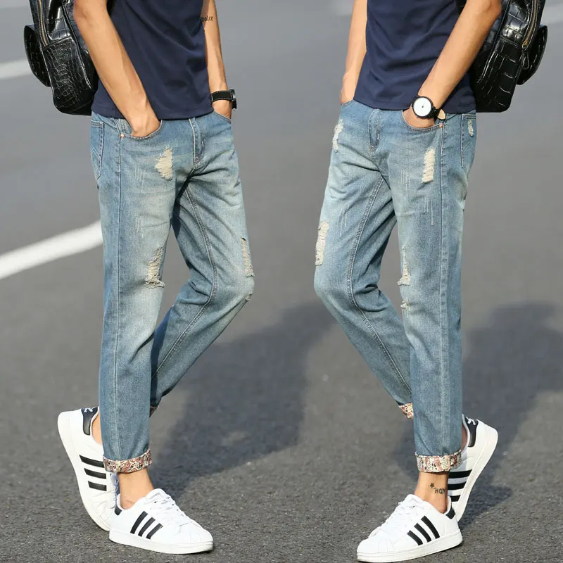 Korean Summer jeans men Ankle length Light blue Slim Ripped denim pants ...