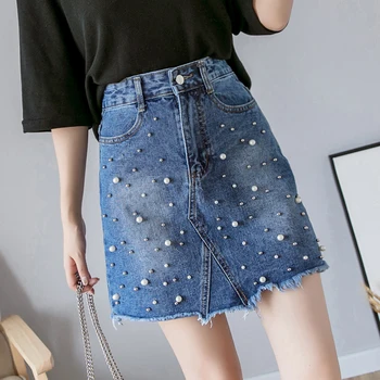 

Skirts Womens Fashion Beading High Waist Denim Skirt Women Summer A Line Short Mini Frayed Hem Washed Jeans Skirt High Quality