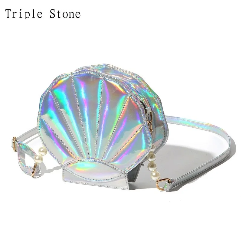 

Triple Stone Holographic Crossbody Shoulder Bag Scallope Pearl Shell Shaped Leather Messenger Bag Women Laser Purse Handbag 2017