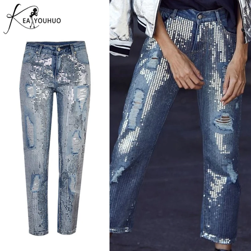 2019 Summer Ladies Mom High Waist Vintage Jeans Woman Denim Sequins Boyfriend Jeans Pants Female Ripped Jeans For Women Trousers 2019 Summer Ladies Mom High Waist Vintage Jeans Woman Denim Sequins Boyfriend Jeans Pants Female Ripped Jeans For Women Trousers