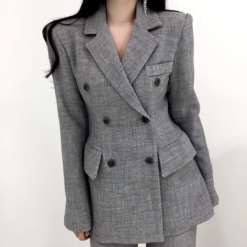 

[EWQ] 2019 Autumn New Pattern England Style Full Flare Sleeve Solid Color Double Breasted Slim Fit Lapel Collar Suit Coat AF839