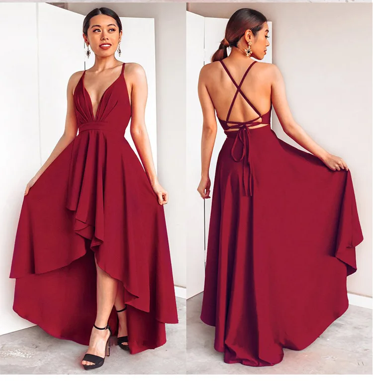 

Women Sexy High Low Cross Back Cocktail Dresses Sexy Burgundy A-line Deep V-neck Spaghetti Straps Chiffon Short Formal Dresses