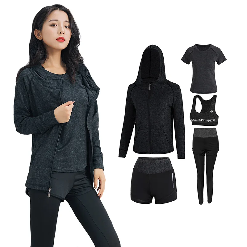 

2019 Spring/Summer New Yoga Set 5-piece High Waist Sweat Sportswear Set Women Running Yoga Suit Gym Fitness Tracksuit Size S-2XL