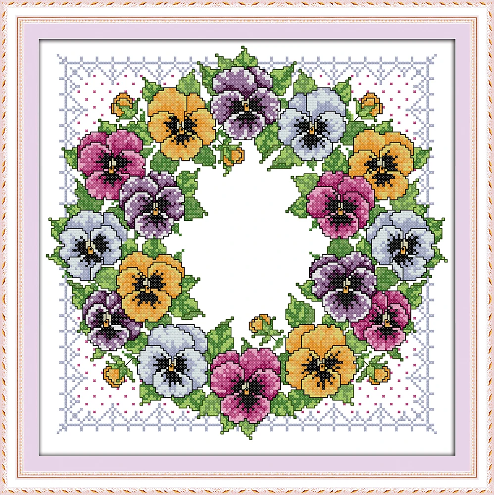 

Pansy wreath cross stitch kit aida 14ct 11ct count printed canvas stitches embroidery DIY handmade needlework